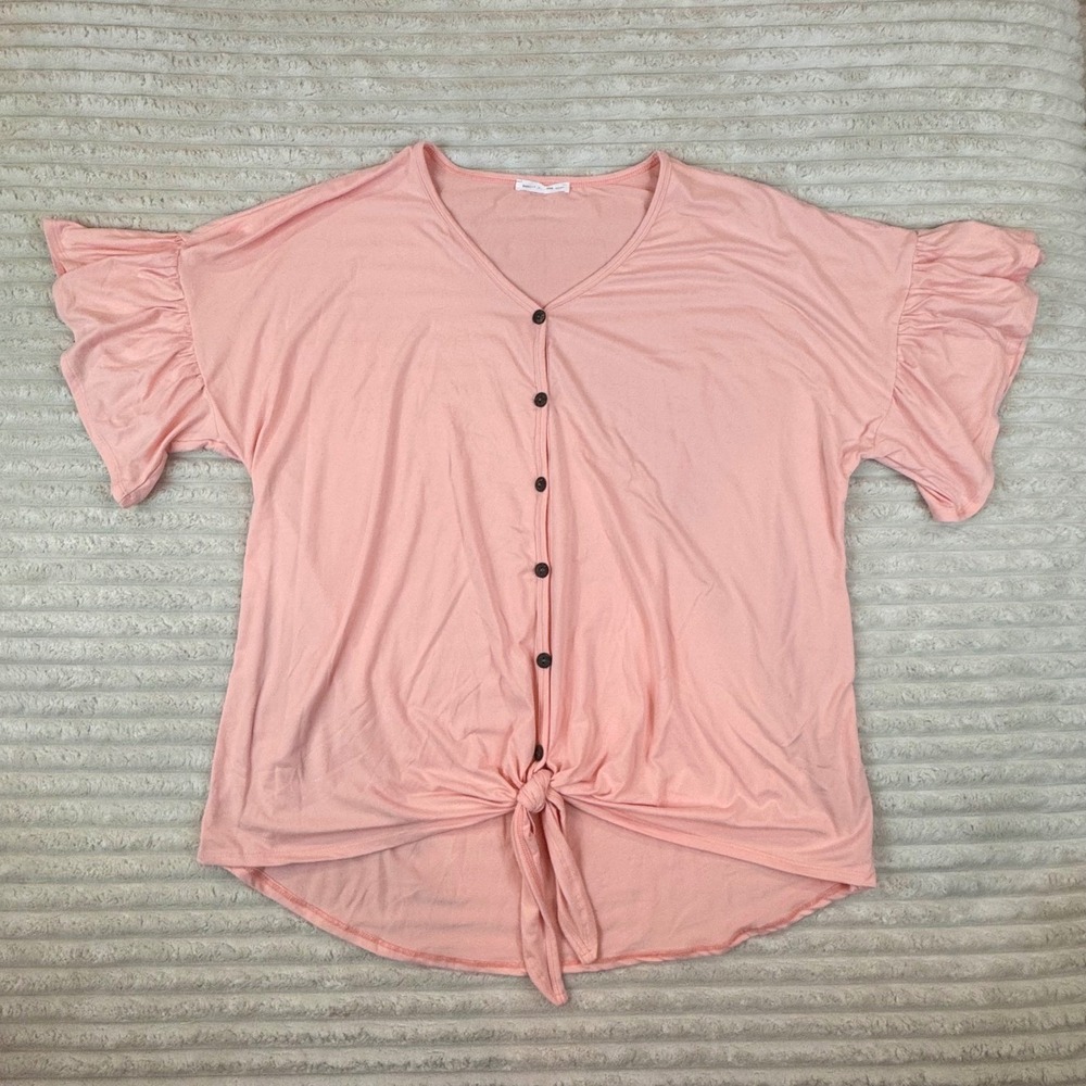 Chic Soul Reborn J. The Plus Size 3x‎ Peach Ruffle Sleeve Button Tie Top Shirt